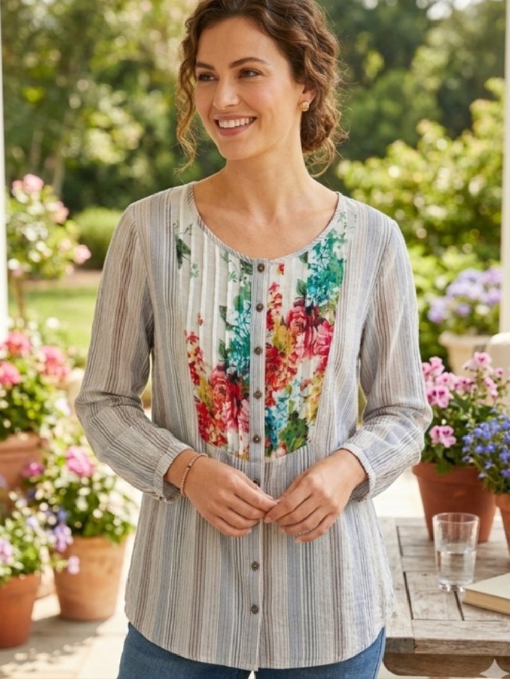 Soft Surroundings FLEUR Fleur Boho Striped Button Down Floral Tunic Xl